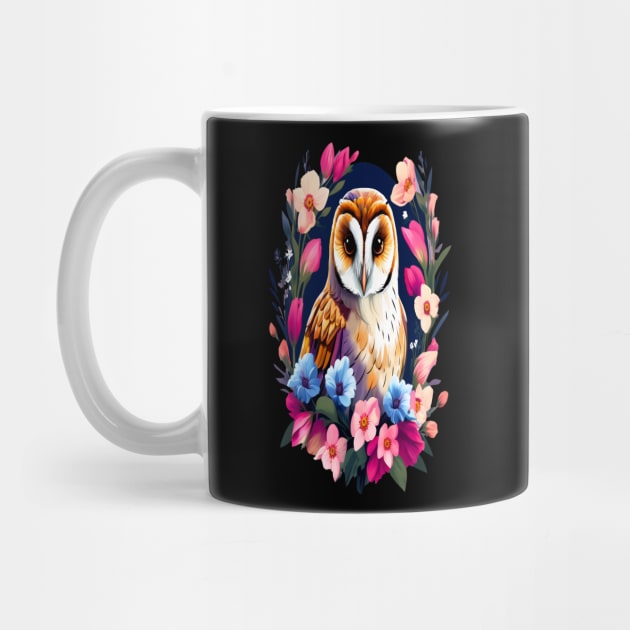 Cute European Barn Owl Surrounded by Bold Vibrant Spring Flowers by BirdsnStuff